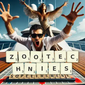 Creative illustration for a Scrabble game with the word ZOOTECHNIES spelled out in tiles on the board.