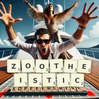 Creative illustration for a Scrabble game with the word ZOOTHEISTIC spelled out in tiles on the board.