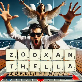 Creative illustration for a Scrabble game with the word ZOOXANTHELLA spelled out in tiles on the board.