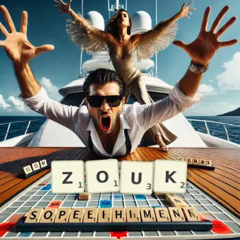 Creative illustration for a Scrabble game with the word ZOUK spelled out in tiles on the board.