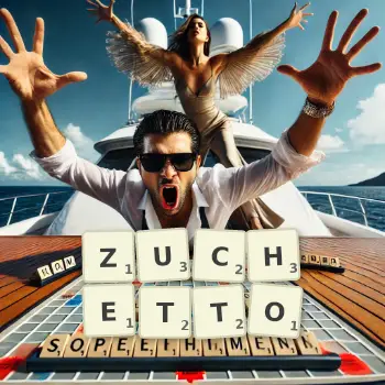 Creative illustration for a Scrabble game with the word ZUCHETTO spelled out in tiles on the board.