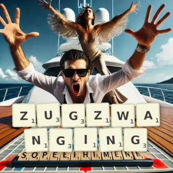 Creative illustration for a Scrabble game with the word ZUGZWANGING spelled out in tiles on the board.