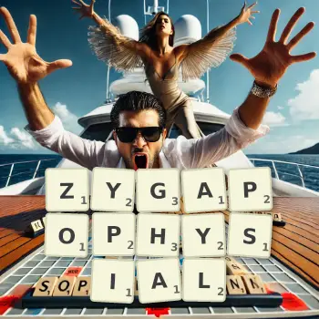 Creative illustration for a Scrabble game with the word ZYGAPOPHYSIAL spelled out in tiles on the board.