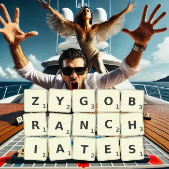 Creative illustration for a Scrabble game with the word ZYGOBRANCHIATES spelled out in tiles on the board.
