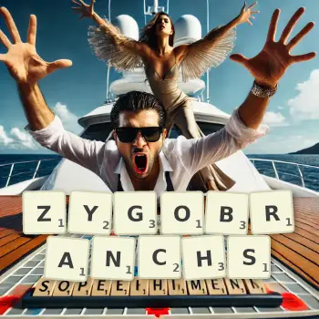 Creative illustration for a Scrabble game with the word ZYGOBRANCHS spelled out in tiles on the board.