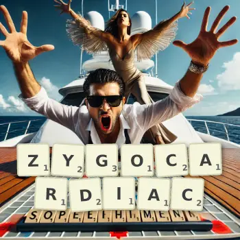Creative illustration for a Scrabble game with the word ZYGOCARDIAC spelled out in tiles on the board.