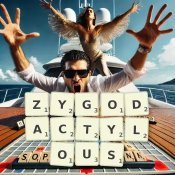 Creative illustration for a Scrabble game with the word ZYGODACTYLOUS spelled out in tiles on the board.