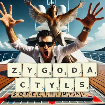 Creative illustration for a Scrabble game with the word ZYGODACTYLS spelled out in tiles on the board.
