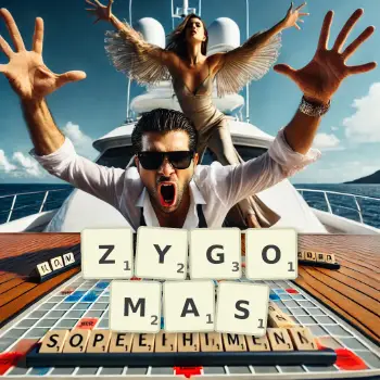 Creative illustration for a Scrabble game with the word ZYGOMAS spelled out in tiles on the board.