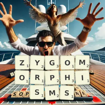 Creative illustration for a Scrabble game with the word ZYGOMORPHISMS spelled out in tiles on the board.