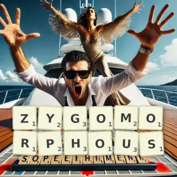 Creative illustration for a Scrabble game with the word ZYGOMORPHOUS spelled out in tiles on the board.