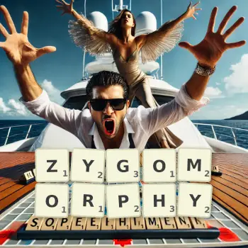 Creative illustration for a Scrabble game with the word ZYGOMORPHY spelled out in tiles on the board.