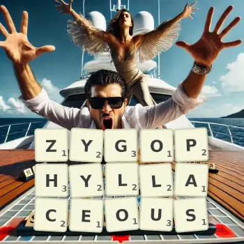 Creative illustration for a Scrabble game with the word ZYGOPHYLLACEOUS spelled out in tiles on the board.