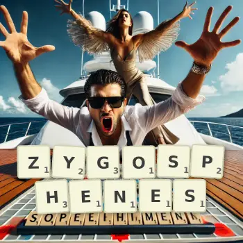 Creative illustration for a Scrabble game with the word ZYGOSPHENES spelled out in tiles on the board.