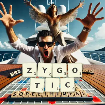 Creative illustration for a Scrabble game with the word ZYGOTIC spelled out in tiles on the board.