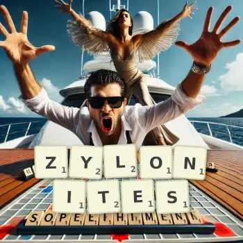 Creative illustration for a Scrabble game with the word ZYLONITES spelled out in tiles on the board.
