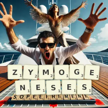 Creative illustration for a Scrabble game with the word ZYMOGENESES spelled out in tiles on the board.