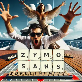 Creative illustration for a Scrabble game with the word ZYMOSANS spelled out in tiles on the board.