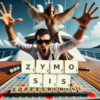 Creative illustration for a Scrabble game with the word ZYMOSIS spelled out in tiles on the board.