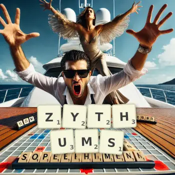 Creative illustration for a Scrabble game with the word ZYTHUMS spelled out in tiles on the board.